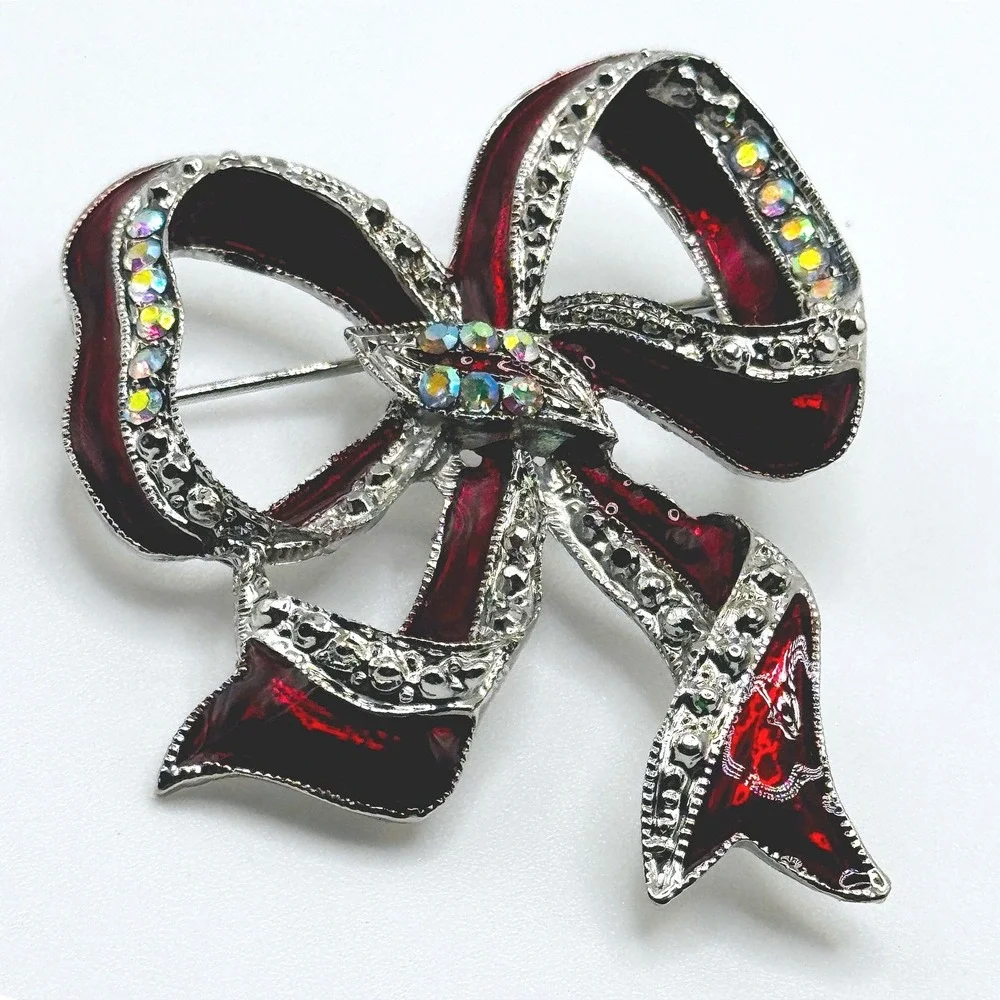 Vintage Red Enamel Bow Brooch Silver Tone AB Rhinestone Ribbon Pin Holiday Scarf